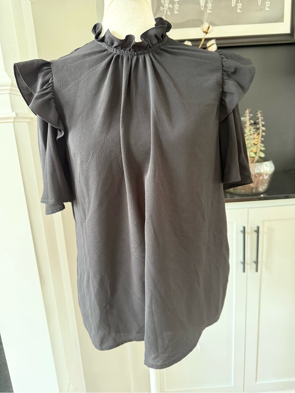 CeCe Black Ruffle Mock Neck Flutter Sleeve Top